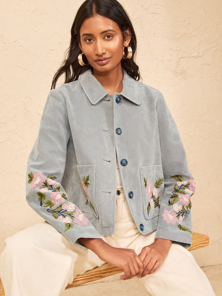 Love & Roses Blue Suedette Jacket With Floral Embroidery - Image 1 of 5