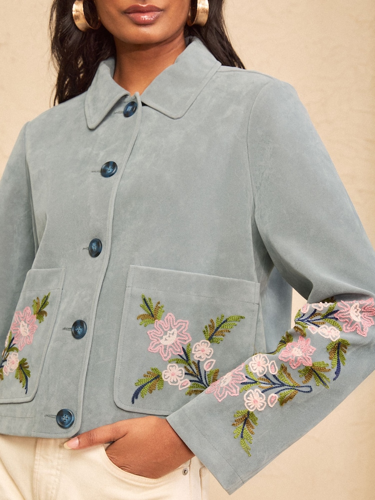 Love & Roses Blue Suedette Jacket With Floral Embroidery - Image 2 of 5