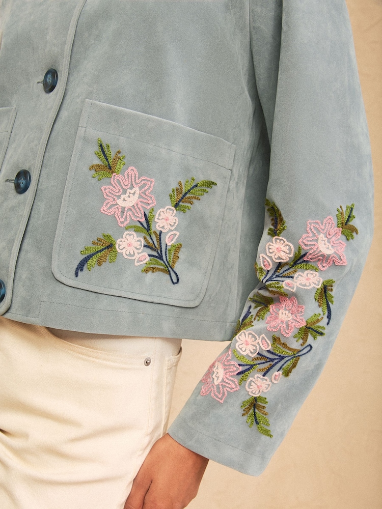 Love & Roses Blue Suedette Jacket With Floral Embroidery - Image 5 of 5