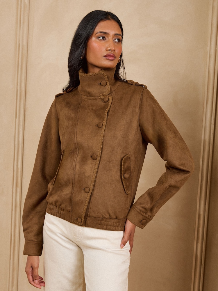 Love & Roses Tan Brown Suedette Funnel Bomber Jacket - Image 1 of 5