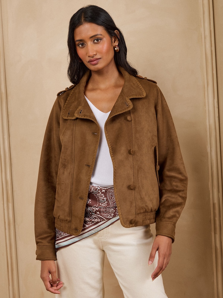 Love & Roses Tan Brown Suedette Funnel Bomber Jacket - Image 2 of 5