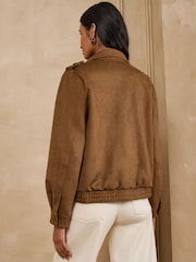Love & Roses Tan Brown Suedette Funnel Bomber Jacket - Image 5 of 5