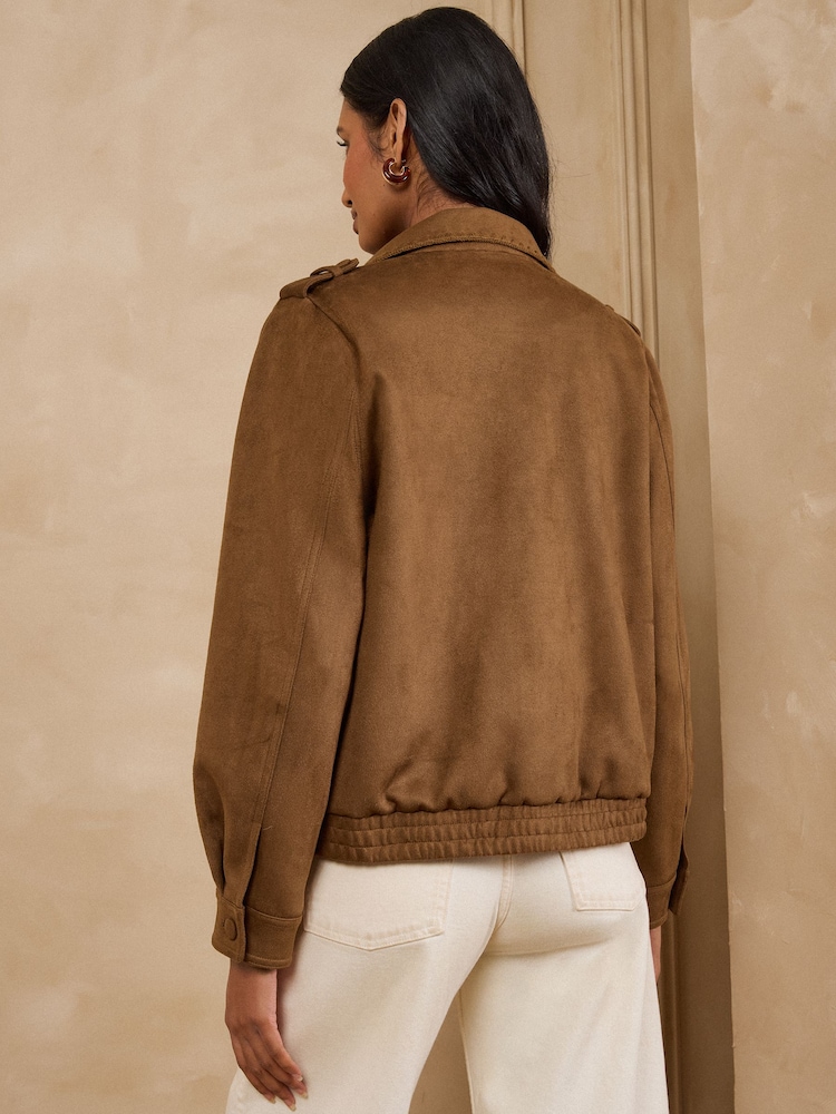 Love & Roses Tan Brown Suedette Funnel Bomber Jacket - Image 5 of 5