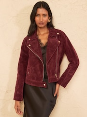 Love & Roses Berry Red Suedette Zip Biker Jacket - Image 1 of 4