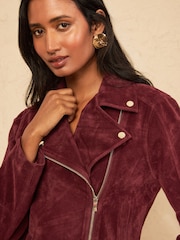Love & Roses Berry Red Suedette Zip Biker Jacket - Image 2 of 4
