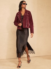 Love & Roses Berry Red Suedette Zip Biker Jacket - Image 3 of 4
