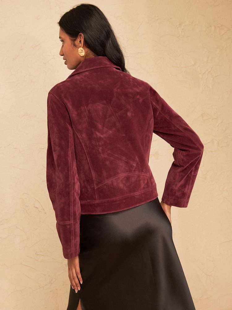 Love & Roses Berry Red Suedette Zip Biker Jacket - Image 4 of 4 Love & Roses Berry Red Suedette Zip Biker Jacket - Image 4 of 4