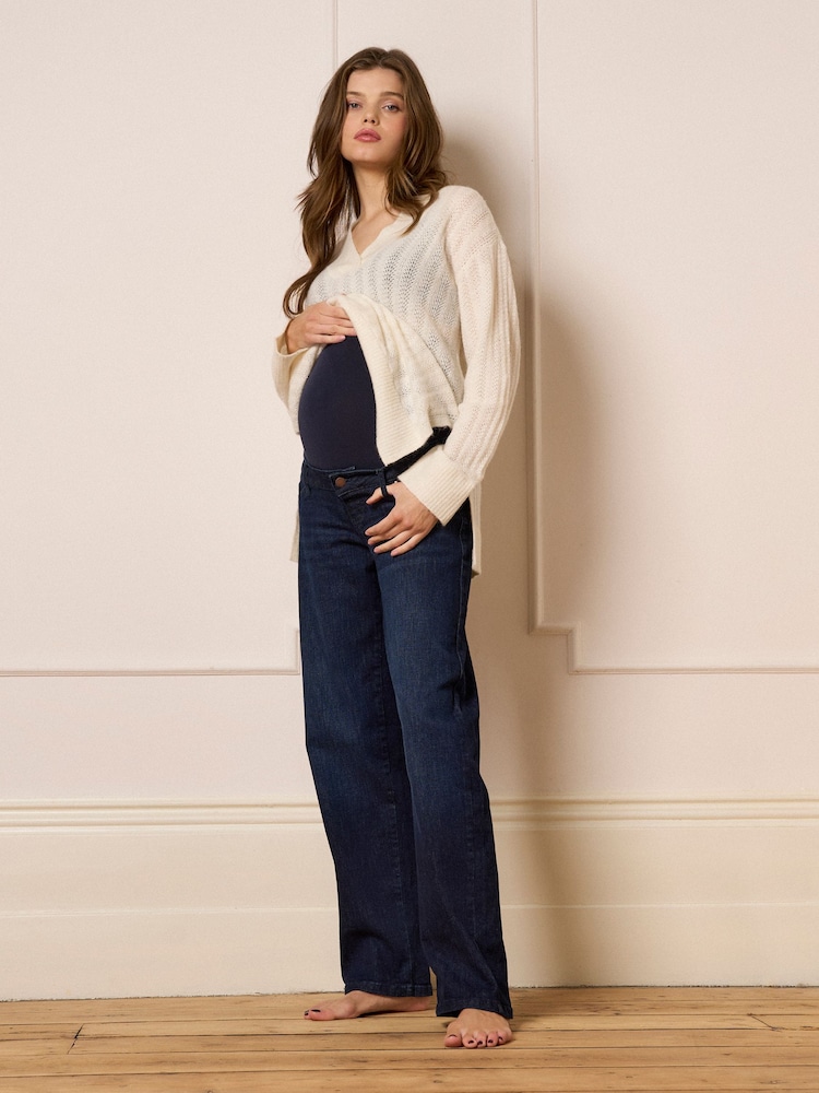 Seraphine Dark Blue Barrel Overbump Maternity Wide Leg Jeans with Turn Up Hem - Image 2 of 5