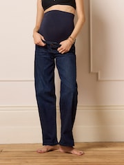 Seraphine Dark Blue Barrel Overbump Maternity Wide Leg Jeans with Turn Up Hem - Image 4 of 5