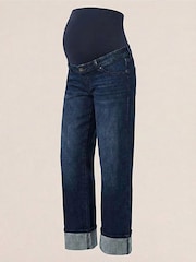 Seraphine Dark Blue Barrel Overbump Maternity Wide Leg Jeans with Turn Up Hem - Image 6 of 6