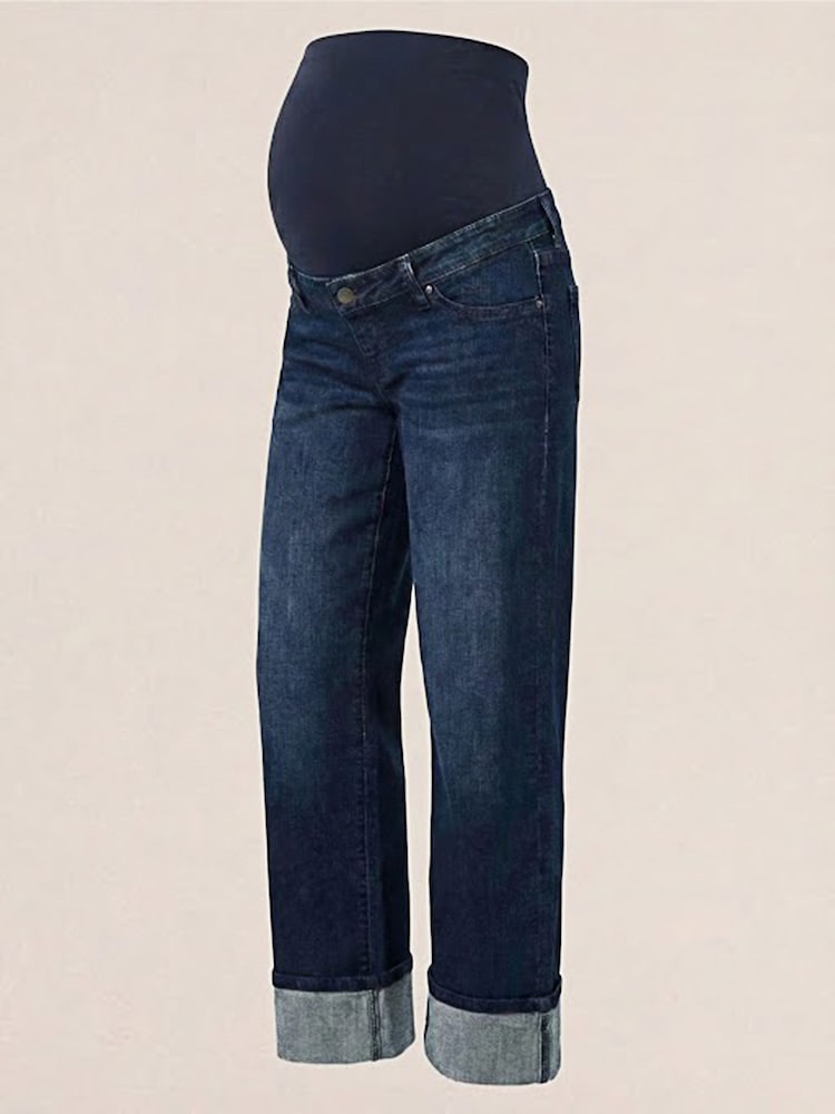 Seraphine Dark Blue Barrel Overbump Maternity Wide Leg Jeans with Turn Up Hem - Image 6 of 6