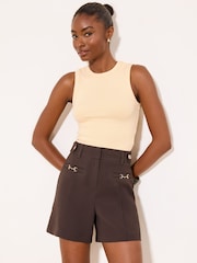 Lipsy Chocolate Brown Olive Tailored Welt Pocket Shorts - Image 1 of 5