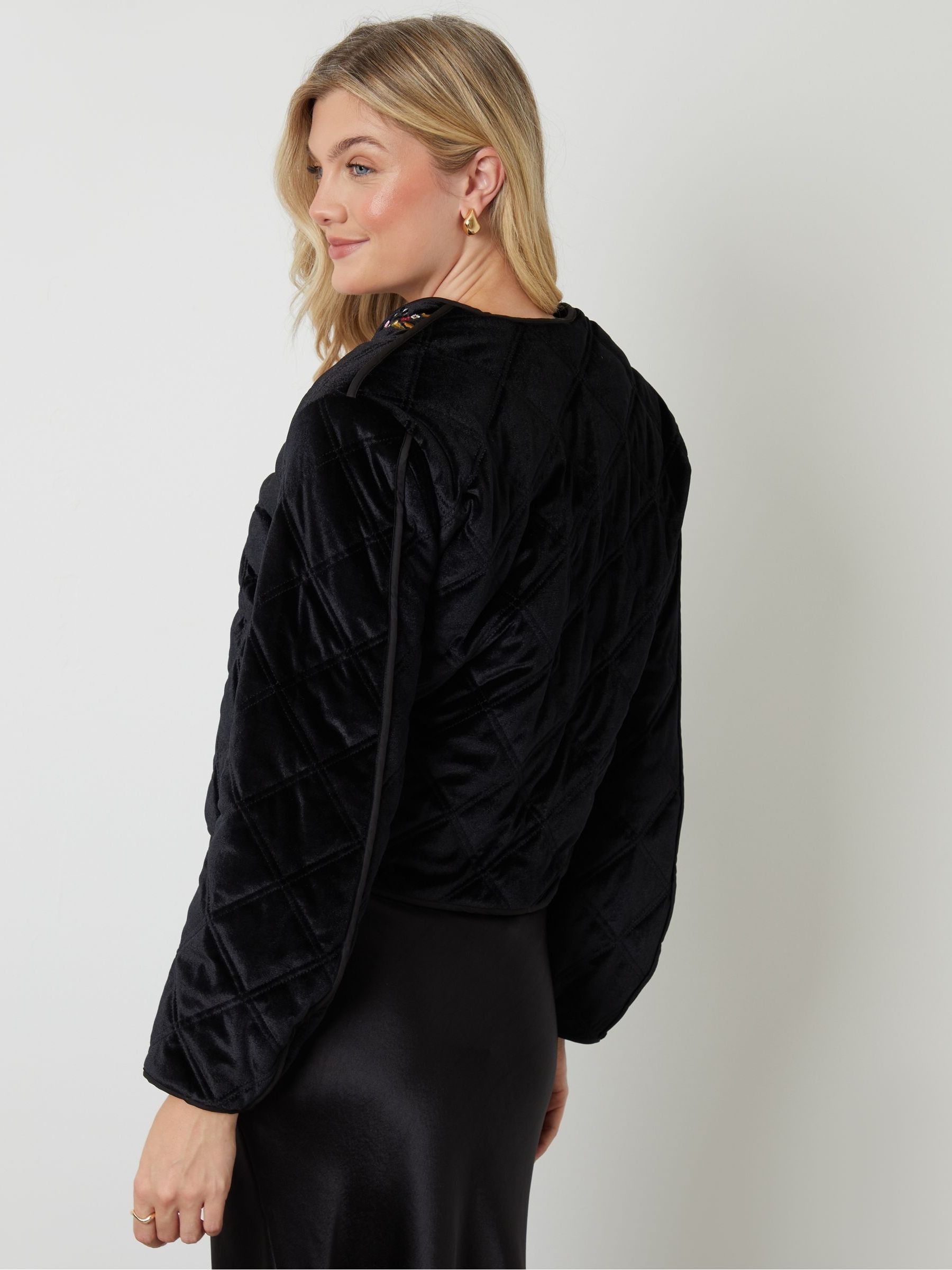 Buy Another Sunday Black Quilted Velvet Floral Embroidered Jacket