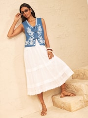Love & Roses Mid Blue Embroidered Denim Waistcoat - Image 3 of 4