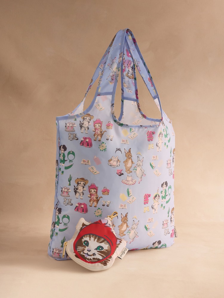 Cath Kidston Blue Dress Up Animals Foldaway Shopper with Cat Bag Charm - Image 1 of 3 Cath Kidston Blue Dress Up Animals Foldaway Shopper with Cat Bag Charm - Image 1 of 3