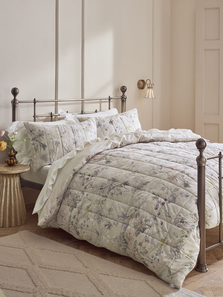 Natural Velvet Floral Print Quilted Duvet Cover and Pillowcase Set - Image 1 of 4 Natural Velvet Floral Print Quilted Duvet Cover and Pillowcase Set - Image 1 of 4