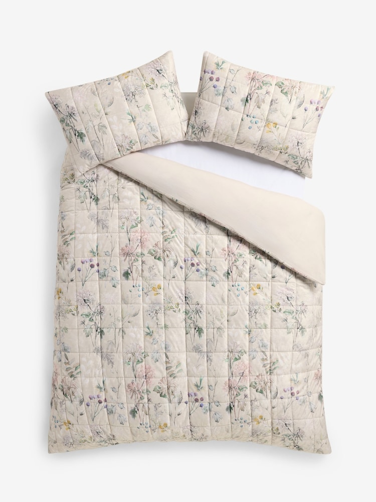 Natural Velvet Floral Print Quilted Duvet Cover and Pillowcase Set - Image 2 of 4 Natural Velvet Floral Print Quilted Duvet Cover and Pillowcase Set - Image 2 of 4