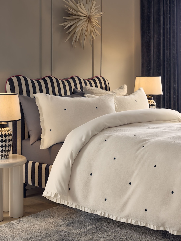 Natural Polka Dot Frill Soft Fleece Duvet Cover and Pillowcase Set - Image 1 of 5