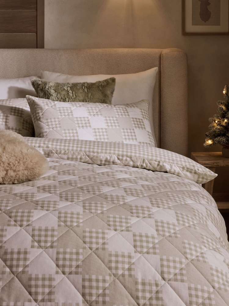 Natural Gingham Quilted Brushed Duvet Cover and Pillowcase Set - Image 1 of 5