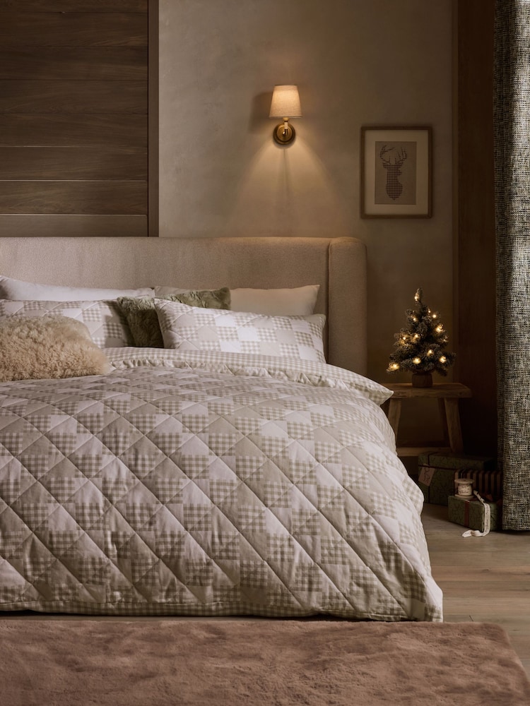 Natural Gingham Quilted Brushed Duvet Cover and Pillowcase Set - Image 2 of 5