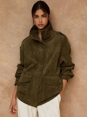Olive Green Faux Suede Funnel Jacket - Image 1 of 9