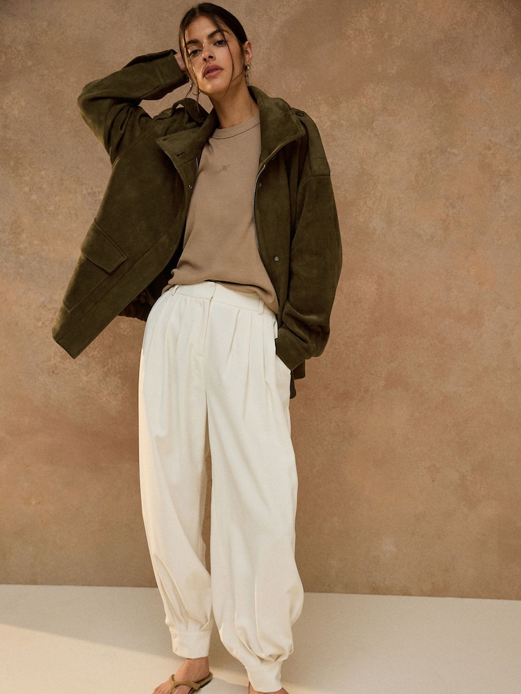 Olive Green Faux Suede Funnel Jacket - Image 2 of 9