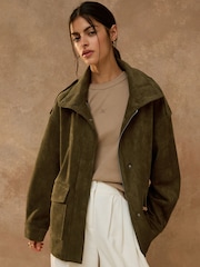 Olive Green Faux Suede Funnel Jacket - Image 3 of 9