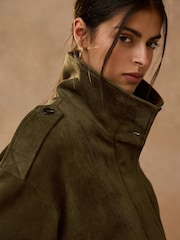Olive Green Faux Suede Funnel Jacket - Image 4 of 9
