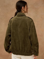 Olive Green Faux Suede Funnel Jacket - Image 5 of 9