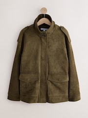 Olive Green Faux Suede Funnel Jacket - Image 6 of 9