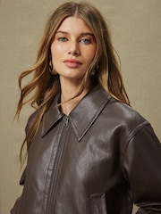 Olive Green Faux Leather Jacket - Image 4 of 7