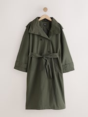 Khaki Green Shower Resistant Funnel Neck Trench Coat - Image 8 of 10