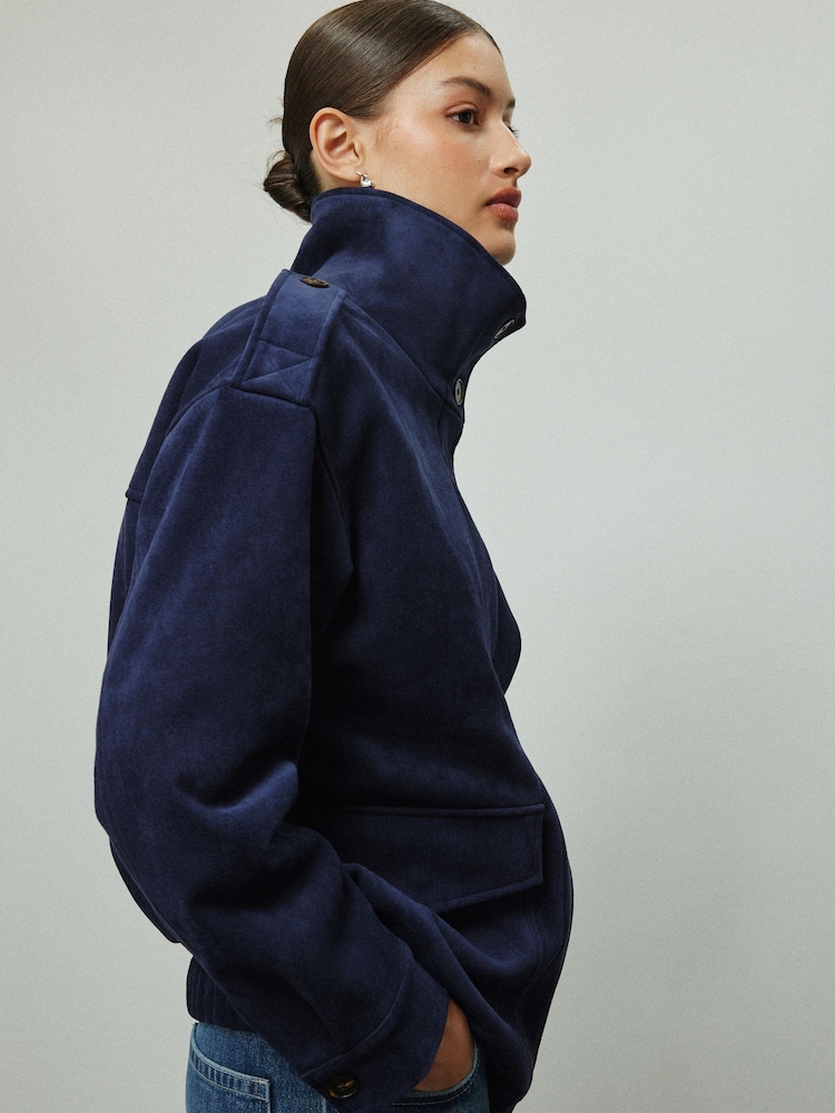 Navy Faux Suede Funnel Jacket - Image 1 of 9