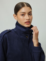 Navy Faux Suede Funnel Jacket - Image 4 of 9