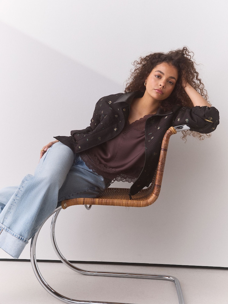 Chocolate Brown Ditsy Bomber Jacket - Image 2 of 8 Chocolate Brown Ditsy Bomber Jacket - Image 2 of 8
