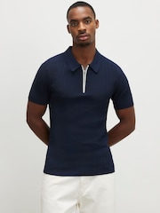 River Island Blue Muscle Fit Ribbed Polo Shirt - Image 1 of 5