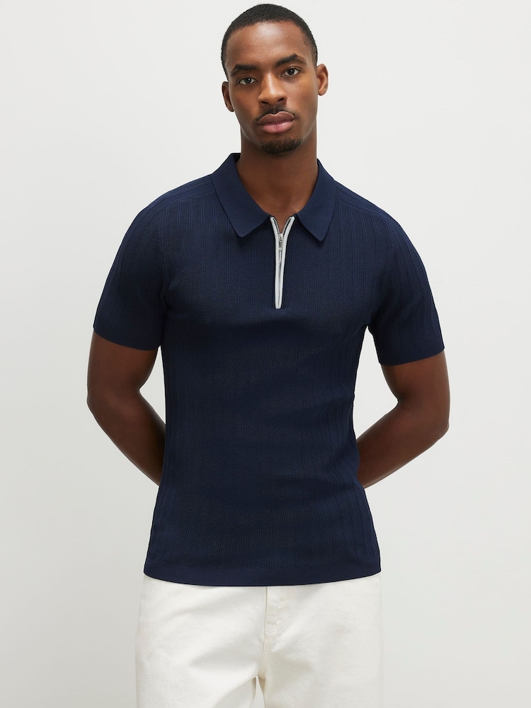 River Island Blue Muscle Fit Ribbed Polo Shirt - Image 1 of 5