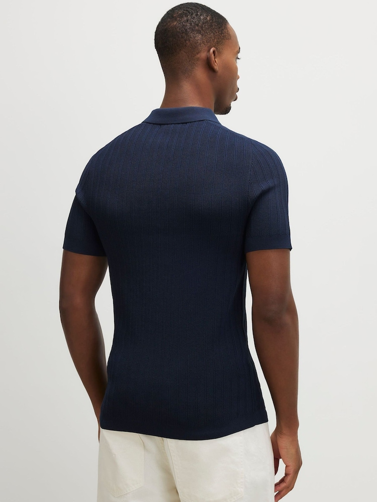 River Island Blue Muscle Fit Ribbed Polo Shirt - Image 2 of 5