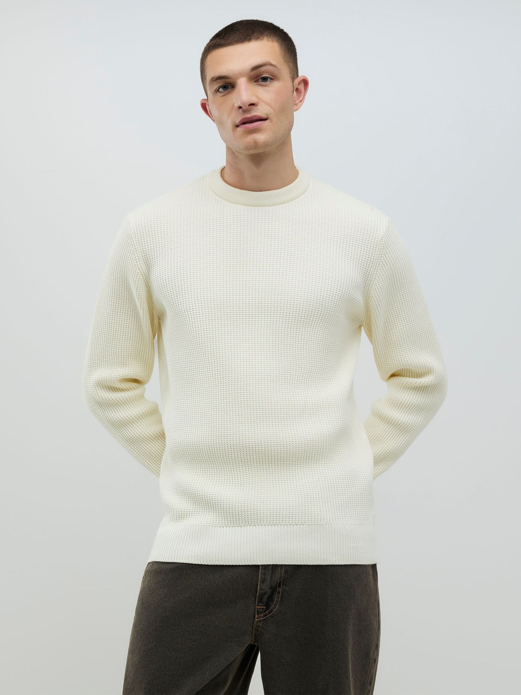 Buy River Island Cream Slim Fit Crew Neck Waffle Knit Jumper from