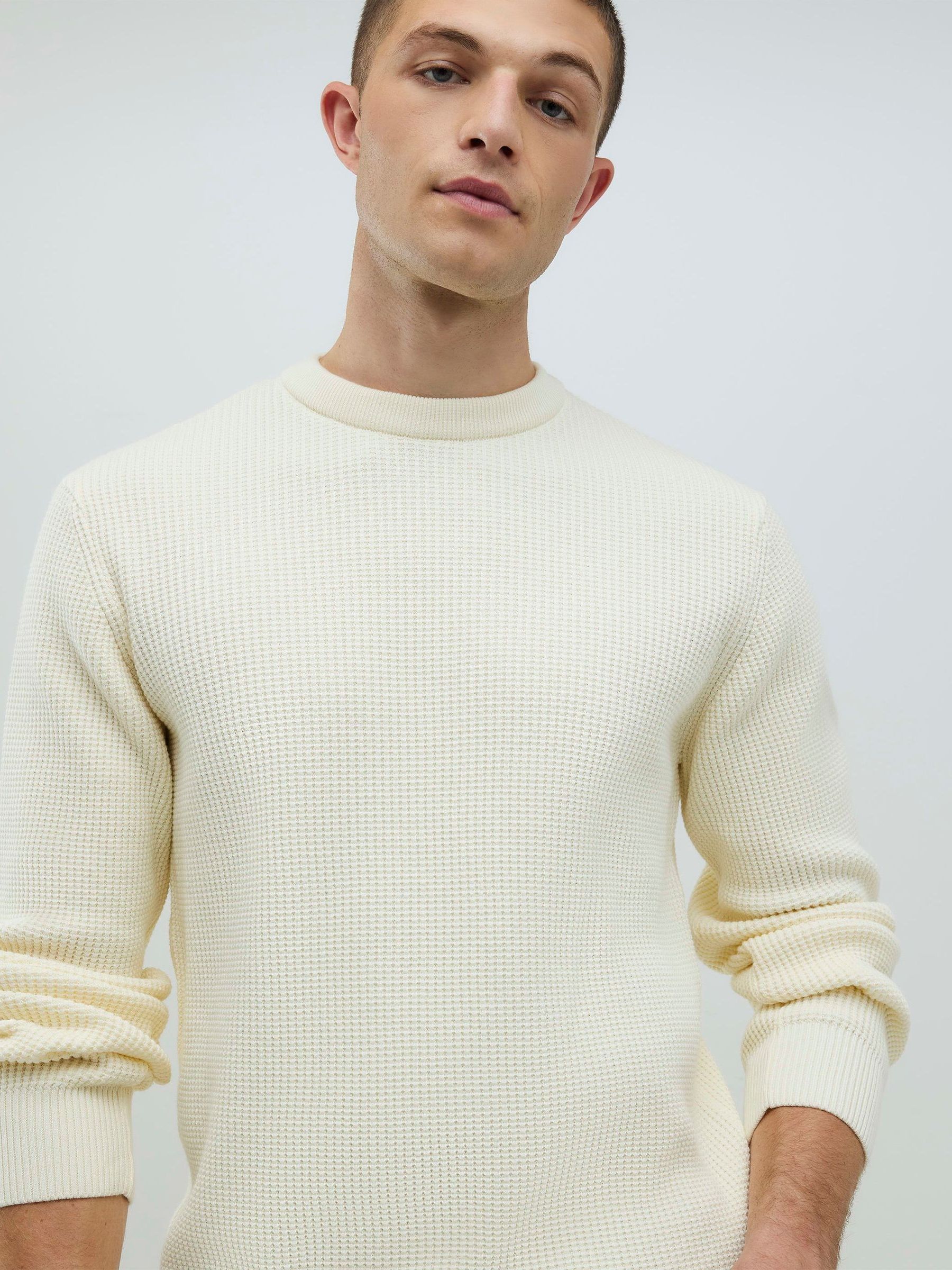 Buy River Island Cream Slim Fit Crew Neck Waffle Knit Jumper from