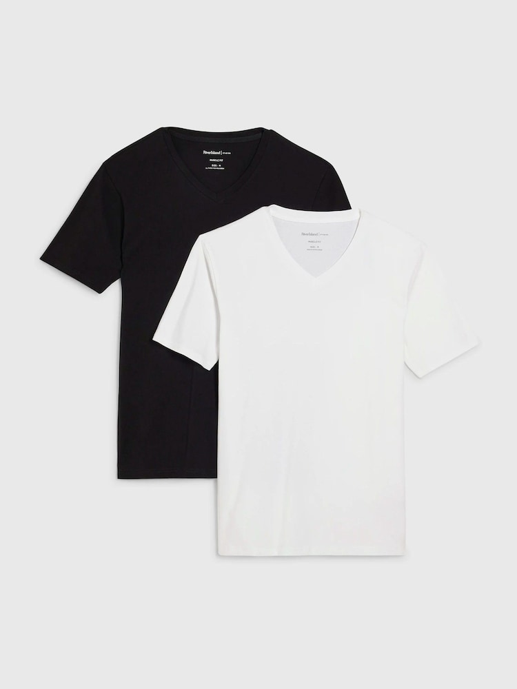 River Island Muscle Fit V-Neck Cotton Jersey T-Shirts 2 Pack - Imagen 1 de 6