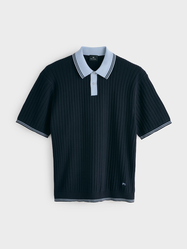 PS Paul Smith Blue Contrast Placket Knitted Polo Shirt - Image 5 of 5