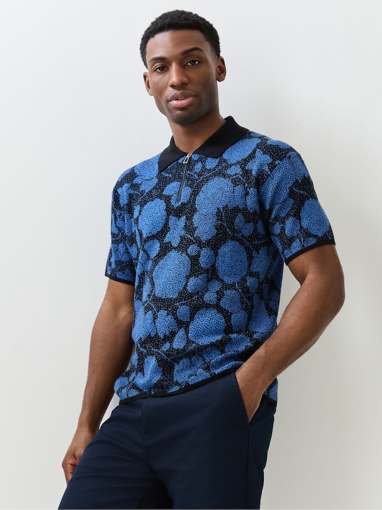PS Paul Smith Blue Print Knitted Polo Shirt - Image 1 of 4 PS Paul Smith Blue Print Knitted Polo Shirt - Image 1 of 4