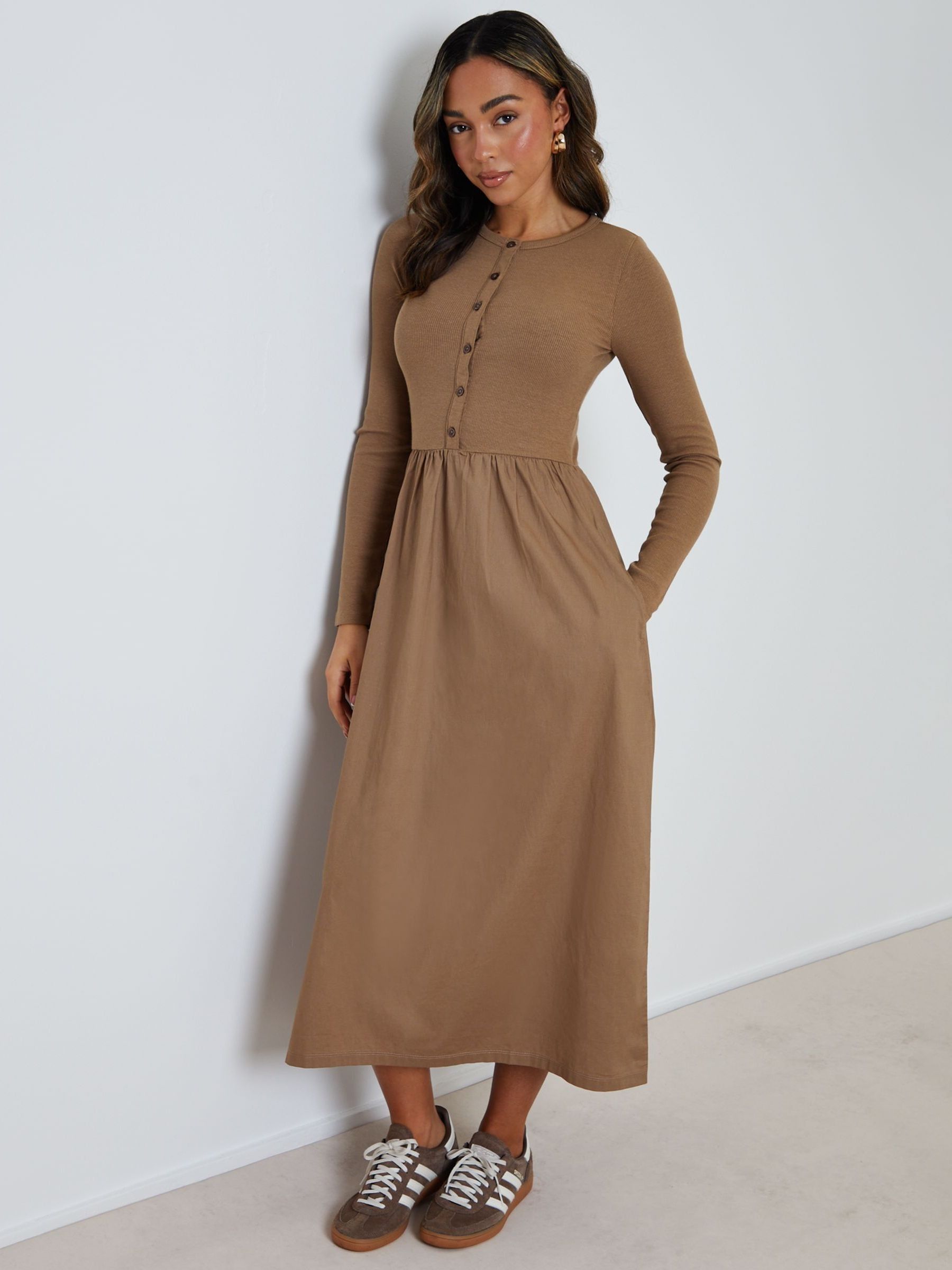 Buy Threadbare Brown 2-in-1 Jersey Poplin Mix Button Down Dress