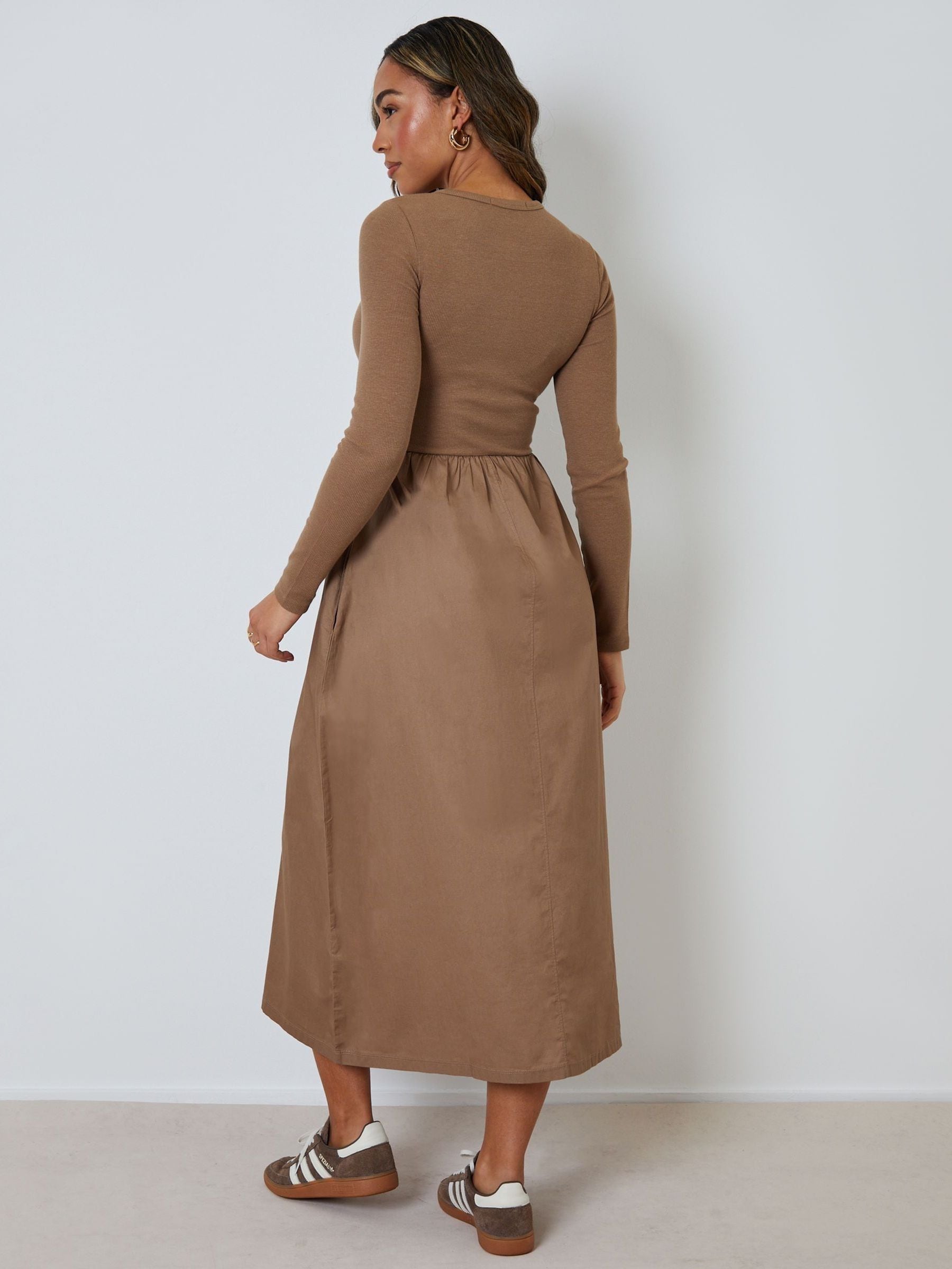 Buy Threadbare Brown 2-in-1 Jersey Poplin Mix Button Down Dress