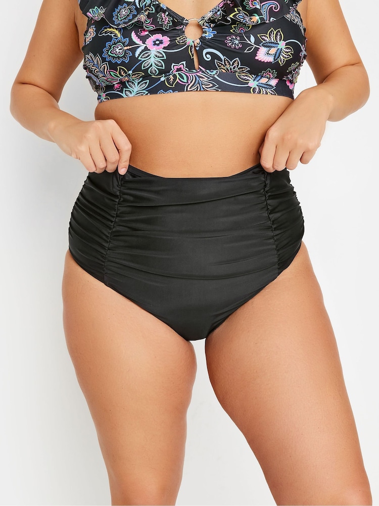 Yours Curve Black Ruched Super High Waisted Tummy Control Bikini Briefs - Image 1 of 4