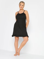 Yours Curve Black Frill Ribbed Cotton Chemise - Image 2 of 4