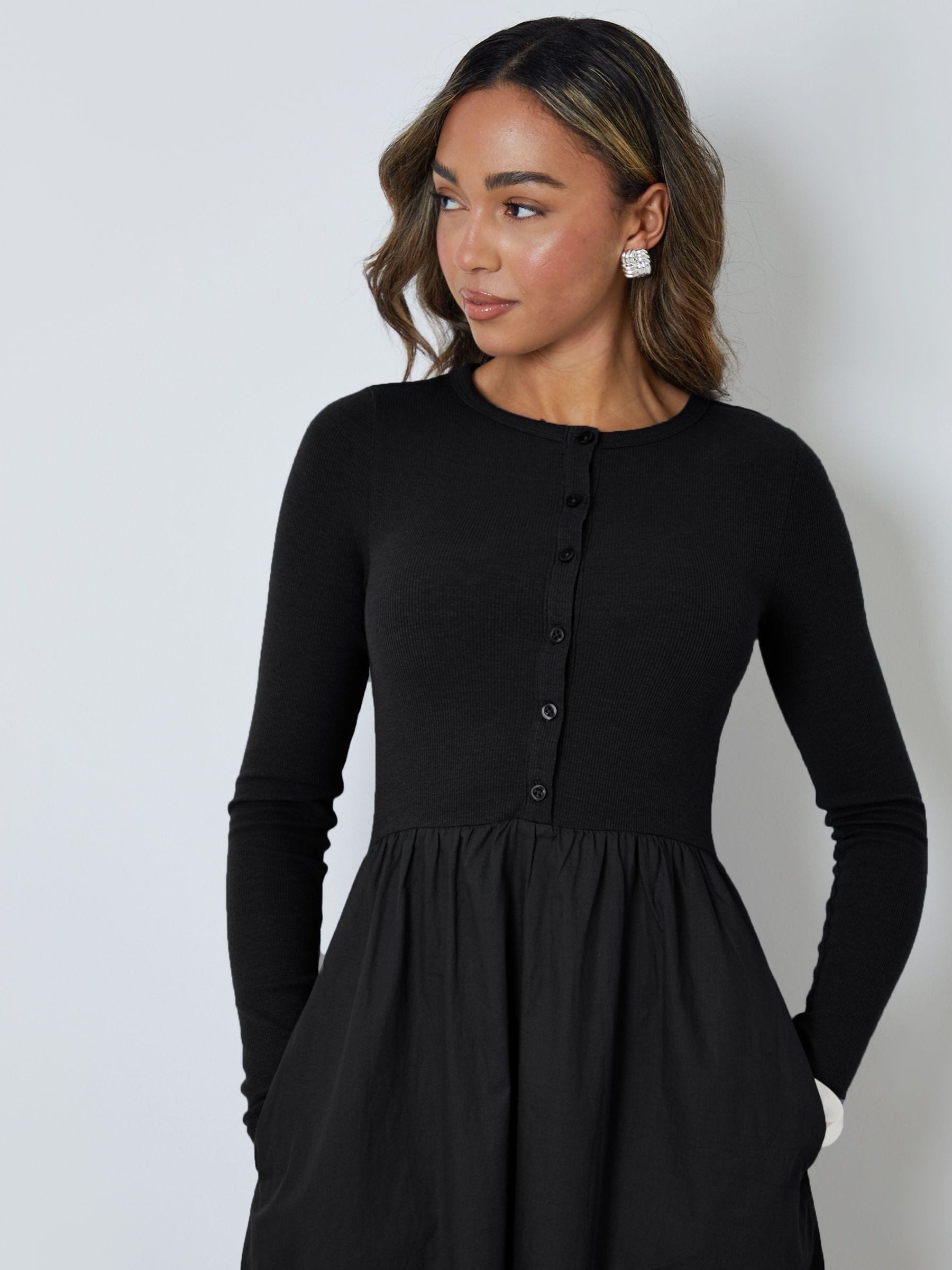 Buy Threadbare Black 2-in-1 Jersey Poplin Mix Button Down Dress