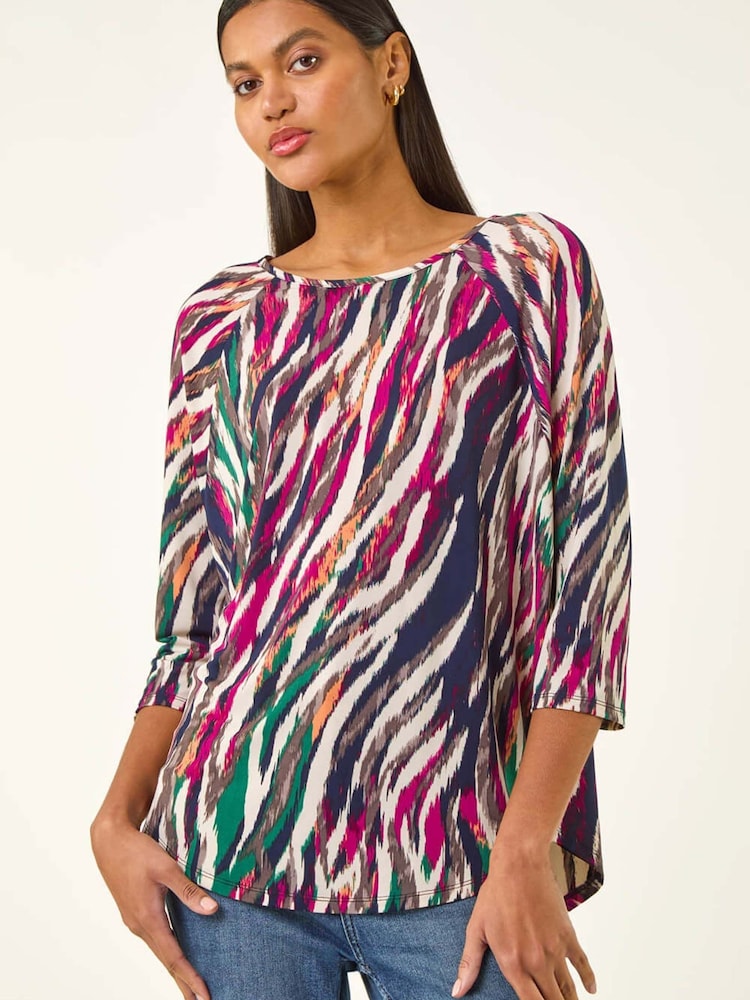Roman Pink Stripe Print Stretch Tunic Top - Image 1 of 5 Roman Pink Stripe Print Stretch Tunic Top - Image 1 of 5