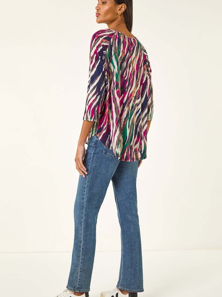 Roman Pink Stripe Print Stretch Tunic Top - Image 2 of 5 Roman Pink Stripe Print Stretch Tunic Top - Image 2 of 5